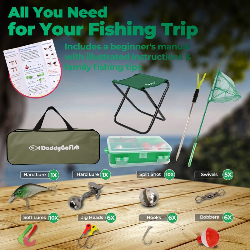 DaddyGoFish عصا صيد الأطفال DaddyGoFish - مجموعة صنارة وبكرة وصندوق طعوم - مجموعة بداية لمعدات الرصيف الصغيرة للسنة الأولى للأولاد والبنات والأطفال الصغار والمبتدئين (أخضر، 4 أقدام) - Image 2